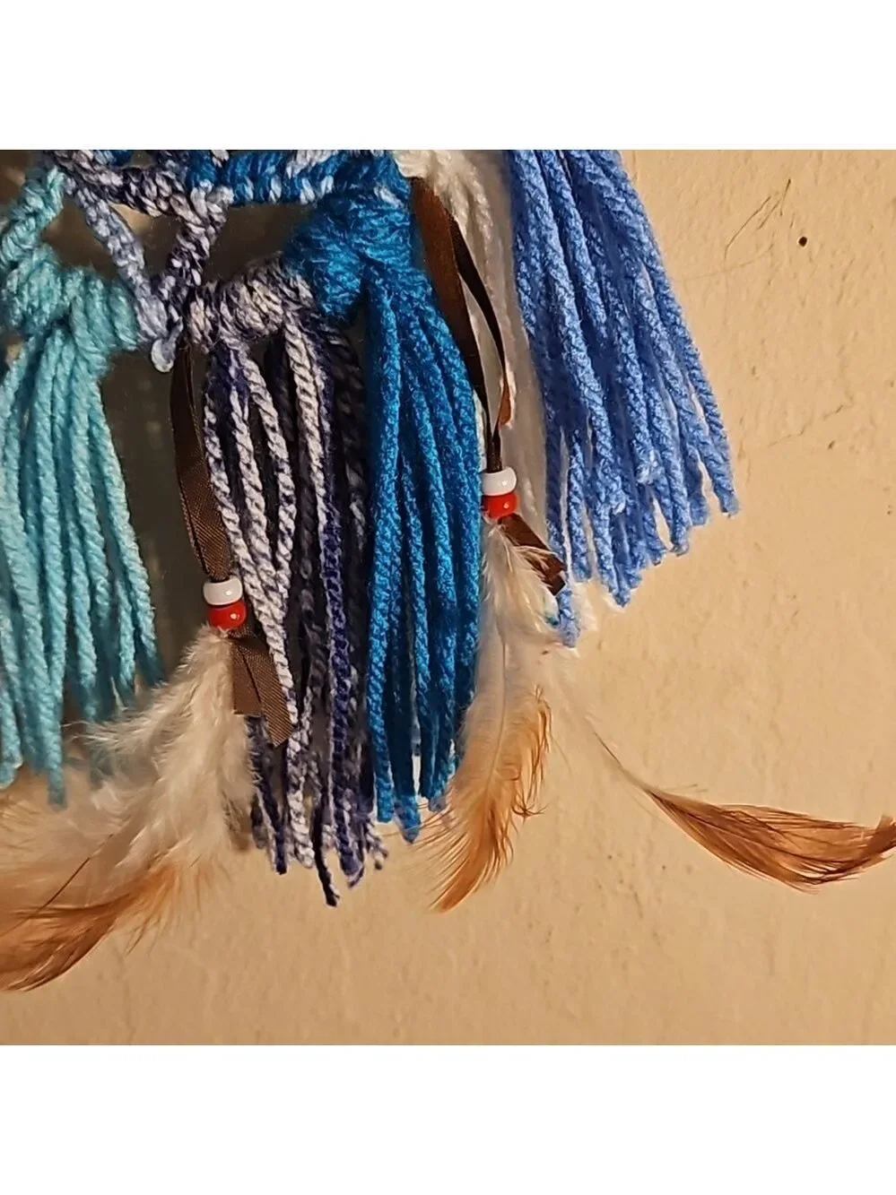 Hand Knit Crochet Dreamcatcher Brown Blue Yarn Feathers